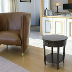 Maori Sellettes En Métal|Tables D'Appoint Rondes|Sellette ronde Hévéa 1 tiroir, double plateaux D54xH65cm / TRADITION