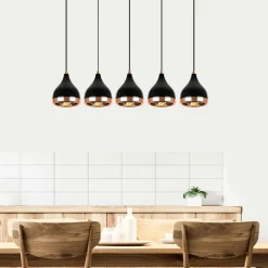 SILE Suspensions / Lustres|Suspension cuisine noire & cuivre, 5 abat-jour