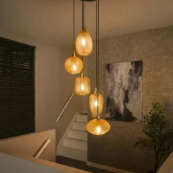 NOVA Suspensions / Lustres|Suspension en verre ambré verticale avec ens. 5 abat-jour