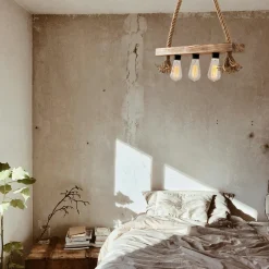 CAMOGLI Suspensions / Lustres|Suspension industrielle bois & corde - 3 ampoules