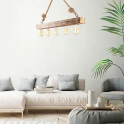 CAMOGLI Suspensions / Lustres|Suspension industrielle bois & corde - 5 ampoules