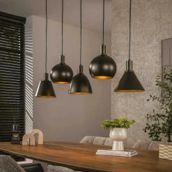 TRIBECA Lampes À Poser·Lampe Style Industriel|Suspensions / Lustres|Suspension îlot cuisine 5 abat-jour métal beige