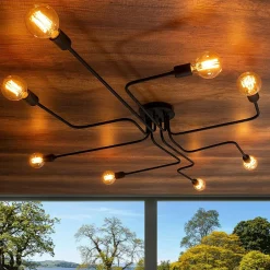 RALF Lampes À Poser·Lampe Style Industriel|Suspensions / Lustres|Suspension tube en métal noir perforé 7 lampes