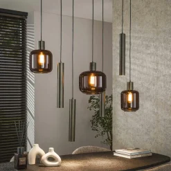 NOVA Suspensions / Lustres|Suspension verre & métal – globes bruns + tubes bronze