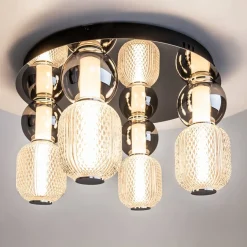 ADA Suspensions / Lustres|Suspension verre taillé, 5 abat-jour suspendus dorés