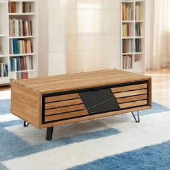 ESSEN Tables Basses Design|Tables Basses À Tiroirs|Table basse 1 tiroir chêne blanc décor graphique