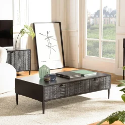 SURATE Tables Basses À Tiroirs|Table basse 2 tiroirs façades sculptées bois noir