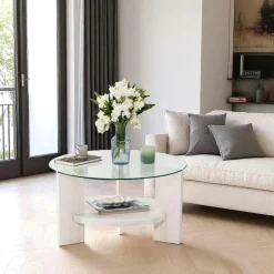 ANZIO Tables Basses En Verre|Tables Basses Rondes|Table basse blanche ronde - verre et bois, 2 plateaux