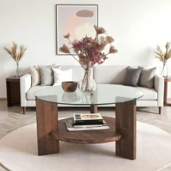 ANZIO Tables Basses En Verre|Tables Basses Rondes|Table basse blanche ronde - verre et bois, 2 plateaux