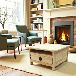 Maori Tables Basses Carrées|Table basse carrée 4 portes hévéa 80x80x45cm