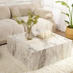 MARFA Tables Basses Carrées|Table basse carrée design effet marbre blanc