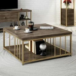 JENA Tables Basses Carrées|Table basse carrée effet bois foncé & structure dorée