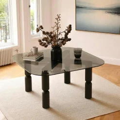 BOMA Tables Basses En Verre|Tables Basses Carrées|Table basse carrée en verre - pieds bois sculpté