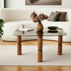 BOMA Tables Basses En Verre|Tables Basses Carrées|Table basse carrée en verre - pieds bois sculpté