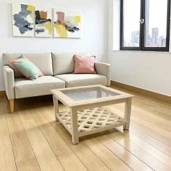 Maori Tables Basses Carrées|Table basse carrée Hévéa double plateaux - 1 vitré, 1 à croisillons - 80x80x45cm