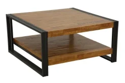 Docker Tables Basses Carrées|Tables Basses Industrielles|Table basse carrée hévéa recyclé naturel et métal noirci 2 plateaux 90X90X45cm