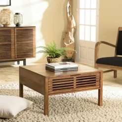 KANHA Tables Basses Carrées|Tables Basses À Tiroirs|Table basse carrée 70x70 cm bois exotique 2 tiroirs opposés