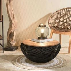 Swing Tables Basses Rondes|Table basse coffre ronde rotin noir et teck recyclé 66 cm