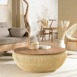 Swing Tables Basses Rondes|Table basse coffre ronde rotin beige et teck recyclé 66 cm