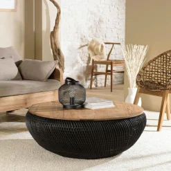 Swing Tables Basses Rondes|Table basse coffre ronde rotin beige et teck recyclé 66 cm