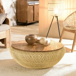 Swing Tables Basses Rondes|Table basse coffre ronde rotin beige et teck recyclé 66 cm