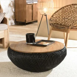 Swing Tables Basses Rondes|Table basse coffre ronde rotin beige et teck recyclé 66 cm