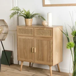 Swing Tables Basses Rondes|Table basse coffre ronde rotin beige et teck recyclé 66 cm