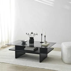 SALTA Tables Basses En Verre|Table basse design 2 plateaux, verre fumé et noir