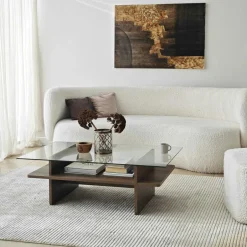 SALTA Tables Basses En Verre|Table basse design 2 plateaux, verre et effet noyer