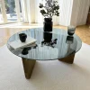 ANZIO Tables Basses En Verre|Tables Basses Rondes|Table basse design en verre fumé - pied bois brun