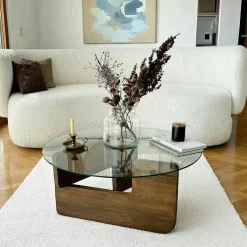 ANZIO Tables Basses En Verre|Tables Basses Rondes|Table basse design en verre - pied bois brun