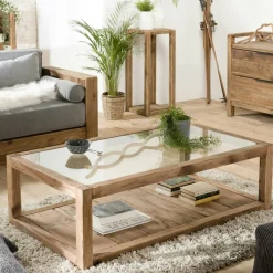 DENVER Univers Déco·Scandinave Hygge|Univers Déco·Maison De Campagne|Table basse double plateau en bois de pin recyclé et verre