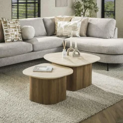 ASCOLI Tables Basses Gigognes|Table basse en céramique et bois, forme galet (lot de 2)