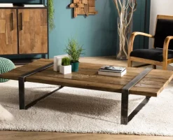 Tables Basses Industrielles|Table basse en Teck recyclé et pieds métal cerclés 164x90x36cm MATT