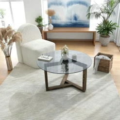 ANZIO Tables Basses En Verre|Tables Basses Rondes|Table basse en verre - pied 3 branches, bois brun