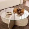 SALTA Tables Basses En Verre|Tables Basses Rondes|Table basse en verre - pied en croix effet travertin