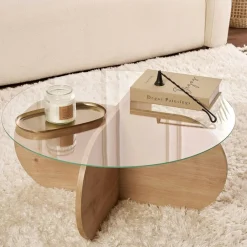 SALTA Tables Basses En Verre|Tables Basses Rondes|Table basse en verre - pied en croix effet travertin