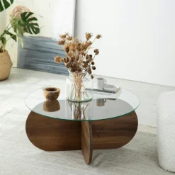 ANZIO Tables Basses En Verre|Tables Basses Rondes|Table basse en verre – pied en croix bois brun