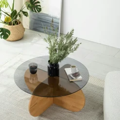 ANZIO Tables Basses En Verre|Tables Basses Rondes|Table basse en verre – pied en croix bois brun