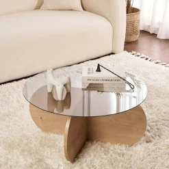 SALTA Tables Basses En Verre|Tables Basses Rondes|Table basse en verre - pied en croix effet chêne clair