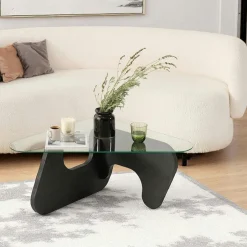 ANZIO Tables Basses En Verre|Table basse en verre - pied bois brun, forme triangle