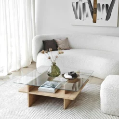 SALTA Tables Basses En Verre|Tables Basses Carrées|Table basse en verre carrée, base effet bois