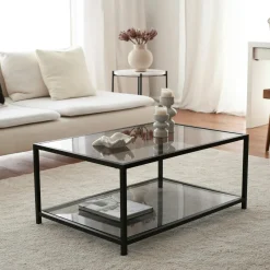 TULUM Tables Basses En Verre|Table basse en verre fumé rectangulaire, 2 plateaux