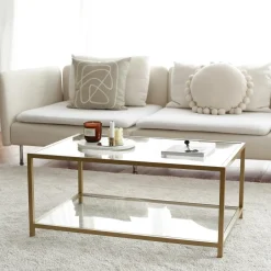 TULUM Tables Basses En Verre|Table basse en verre fumé rectangulaire, 2 plateaux