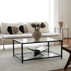 TULUM Tables Basses En Verre|Table basse en verre fumé rectangulaire, 2 plateaux