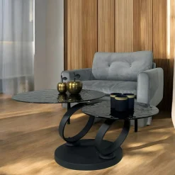 LIGURIE Tables Basses En Verre|Tables Basses Rondes|Table basse en verre ondulé noir