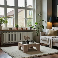 SALTA Tables Basses En Verre|Tables Basses Carrées|Table basse en verre, structure effet noyer à arches