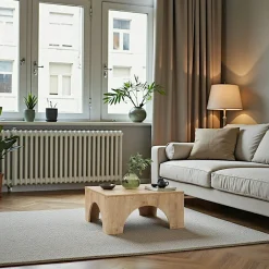 SALTA Tables Basses En Verre|Tables Basses Carrées|Table basse en verre, structure effet noyer à arches