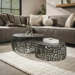 Tables Basses Gigognes|Table basse gigogne en métal gris motifs ajourés (2 pièces)