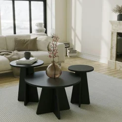 MARFA Tables Basses Rondes|Tables Basses Gigognes|Table basse gigogne noire pieds trapèze - 3 pièces